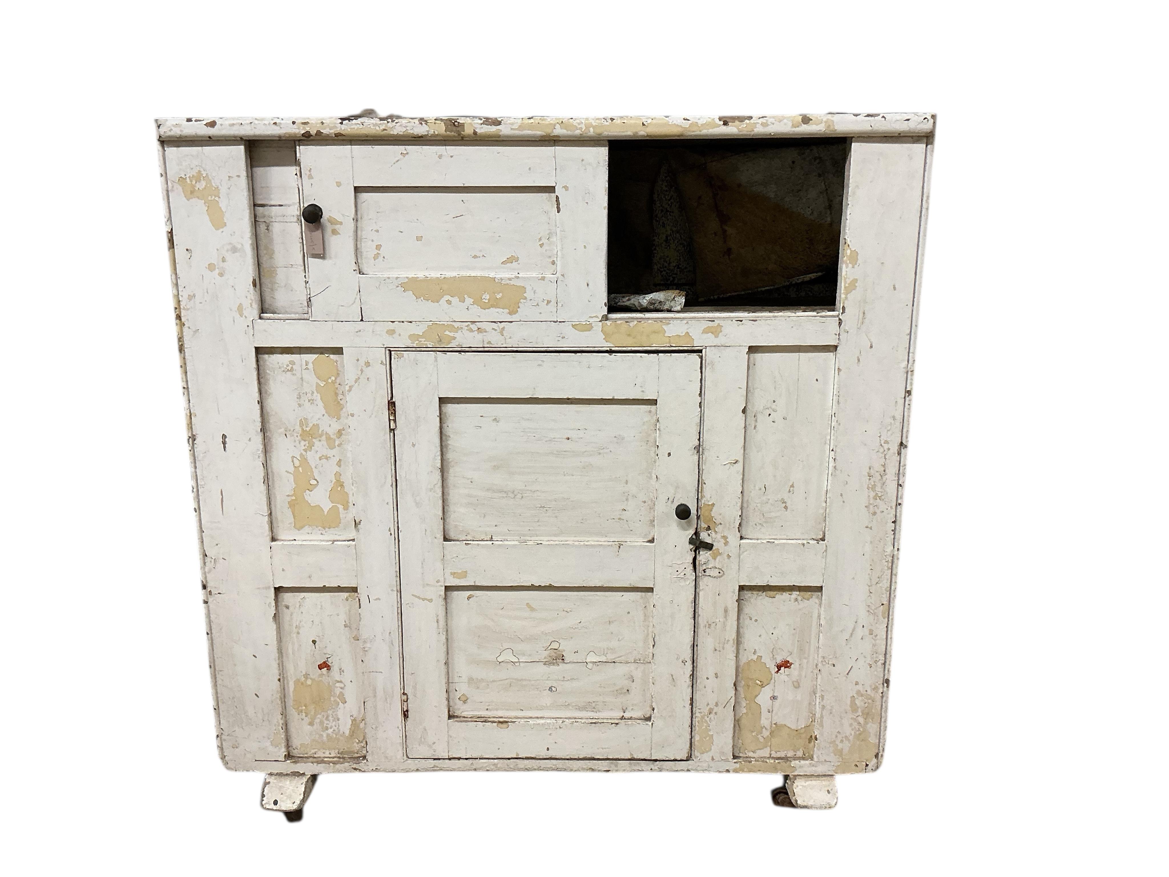 An early 19th century painted pine household proving cupboard, width 152cm, depth 51cm, height 155cm